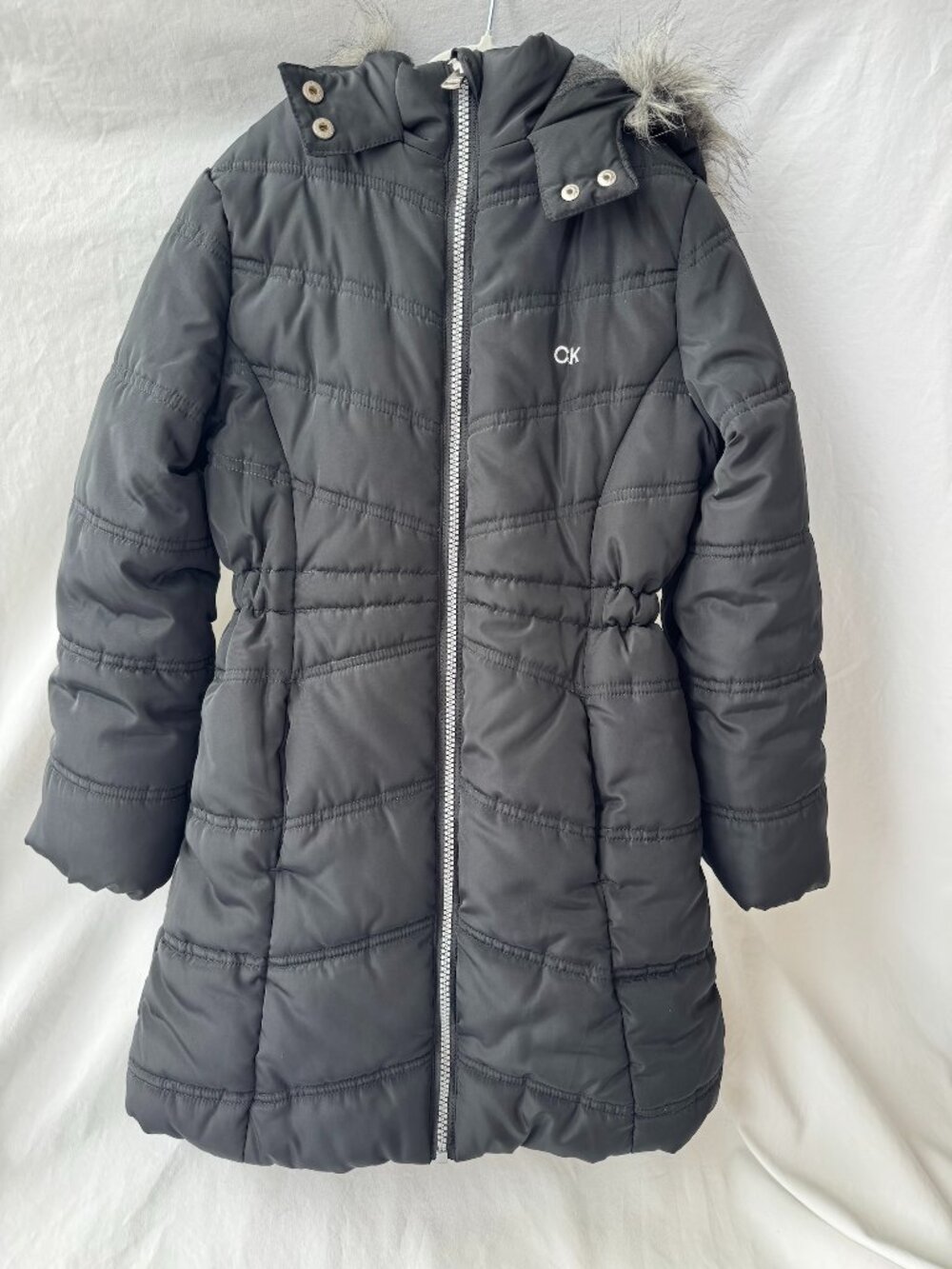 Calvin Klein Girls 6X Aerial Black Long Puffer Coat Faux Fur Hood Fleece Lined